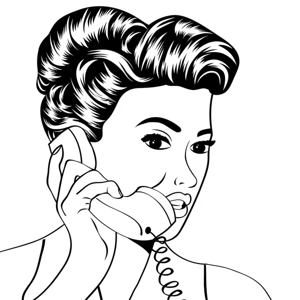 Perempuan mengobrol di telepon, pop art ilustrasi - Stok Vektor