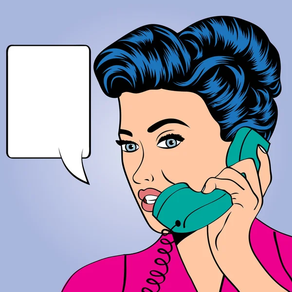 Frau chattet am Telefon, Pop-Art-Illustration — Stockvektor