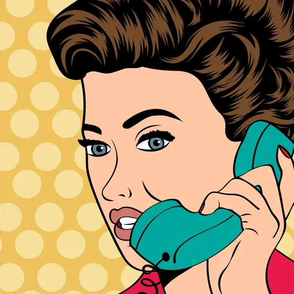 Donna che chatta al telefono, illustrazione pop art — Vettoriale Stock