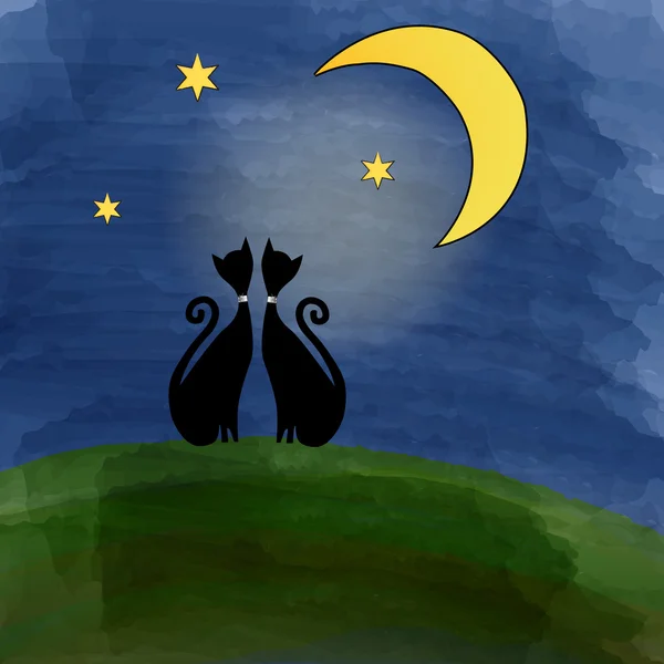 Dos gatos en un prado bajo la luna — Vector de stock