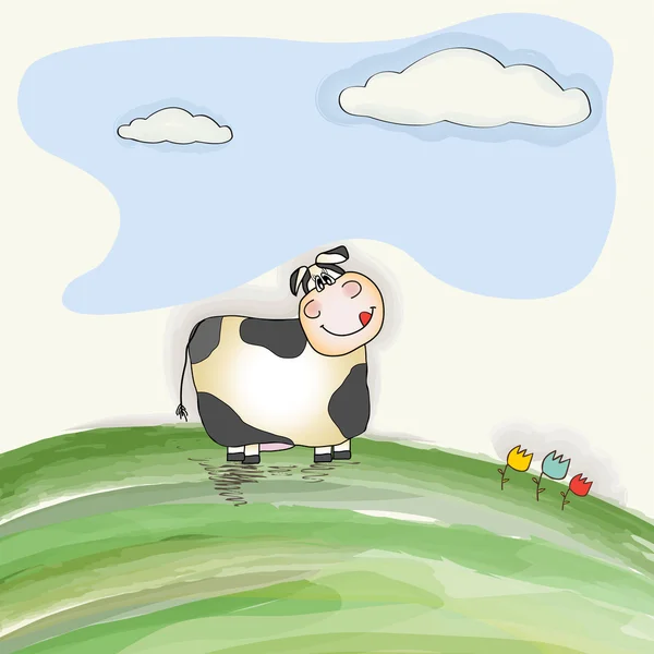 Roztomilý doodle kráva na louce — Stockový vektor
