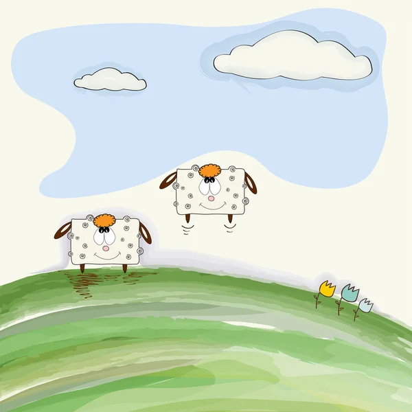 Funny doodle sheep  bounce on meadow — Stock Vector