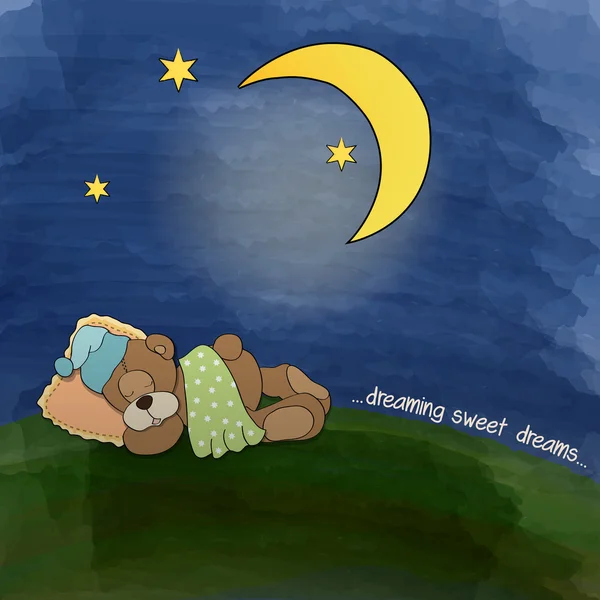 草の上で眠っている赤ちゃんテディベア — ストックベクタ