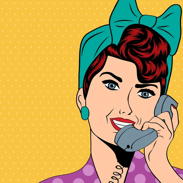 Frau chattet am Telefon, Pop-Art-Illustration — Stockvektor