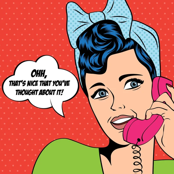 Frau chattet am Telefon, Pop-Art-Illustration — Stockvektor