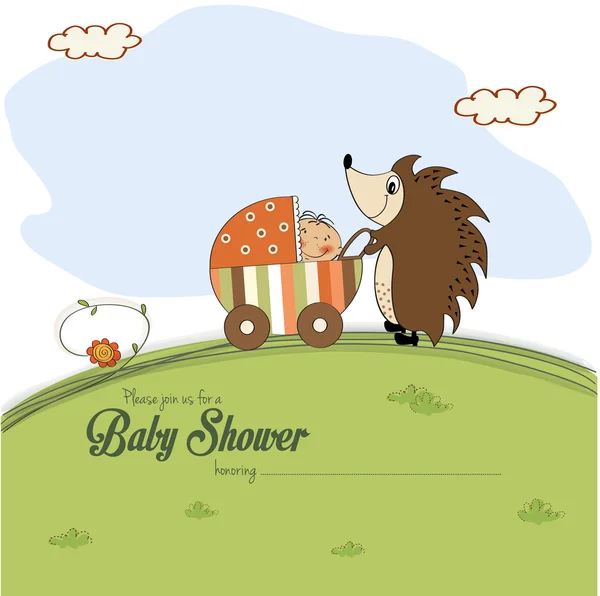 Baby shower card con riccio che spinge un passeggino con bab — Vettoriale Stock