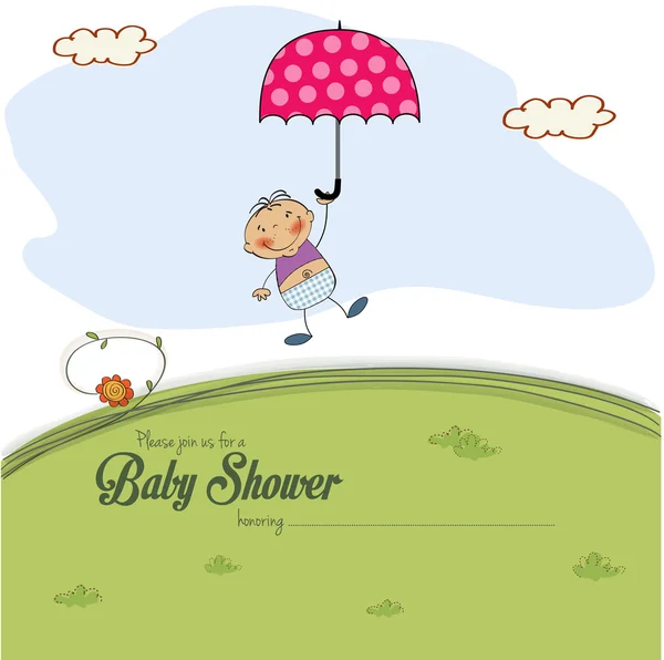 Babyduschkarte mit einem Jungen, der auf einer Wiese landet — Stockvektor