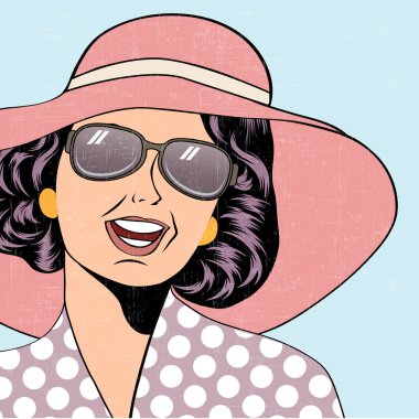 popart retro kadın çizgi roman tarzı, yaz illustra güneş şapkası