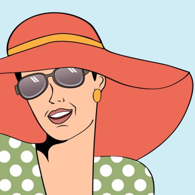 popart retro kadın çizgi roman tarzı, yaz illustra güneş şapkası
