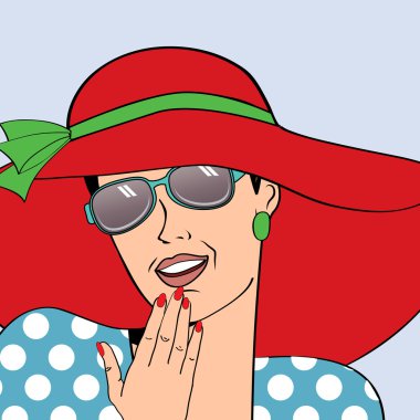 popart retro woman with sun hat in comics style, summer illustra