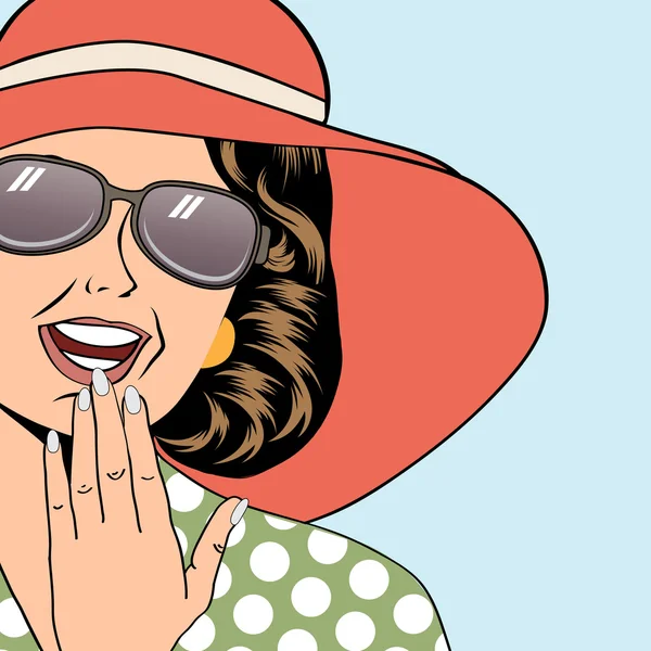 Popart mulher retro com chapéu de sol em estilo quadrinhos, ilustra verão —  Vetores de Stock