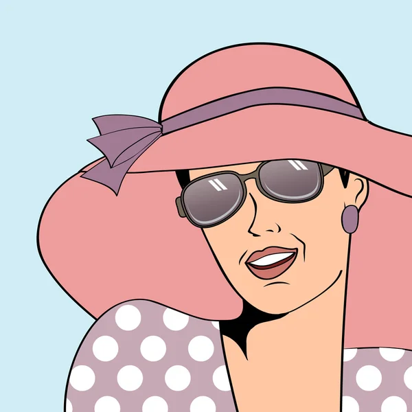 Popart mujer retro con sombrero de sol en estilo cómico, ilustra de verano — Vector de stock