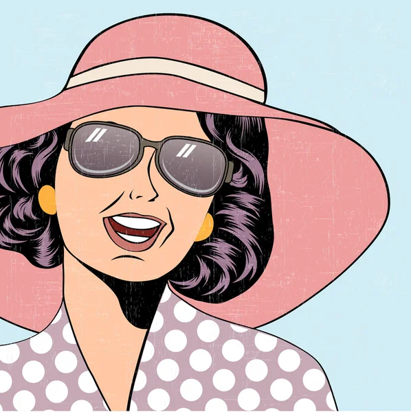 Popart mujer retro con sombrero de sol en estilo cómico, ilustra de verano — Archivo Imágenes Vectoriales