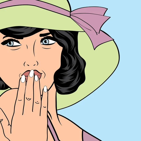 Popart donna retrò con cappello da sole in stile fumetto, illustrazione estiva — Vettoriale Stock