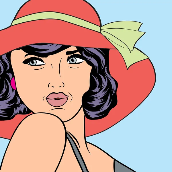 Popart mujer retro con sombrero de sol en estilo cómico, ilustra de verano — Vector de stock