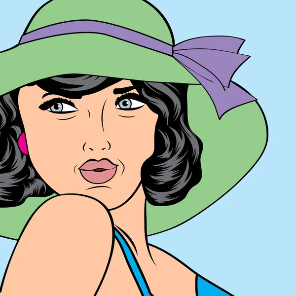 Popart mujer retro con sombrero de sol en estilo cómico, ilustra de verano — Vector de stock