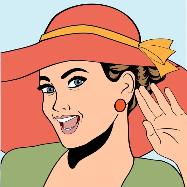 Popart Retro Frau mit Sonnenhut im Comicstil, Sommer Illustration — Stockvektor