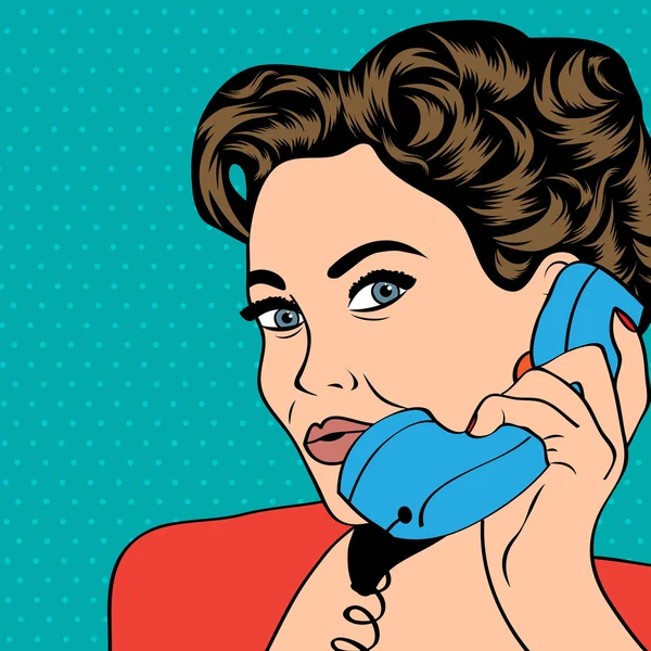 Frau chattet am Telefon, Pop-Art-Illustration — Stockvektor