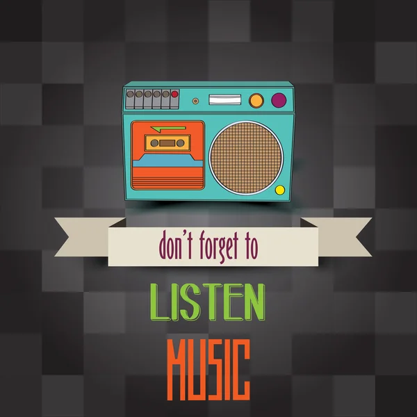 Poster with retro boom-box and message "don 't forget to listen mu — стоковый вектор