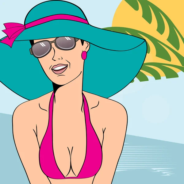 Hot pop art ragazza su una spiaggia — Vettoriale Stock