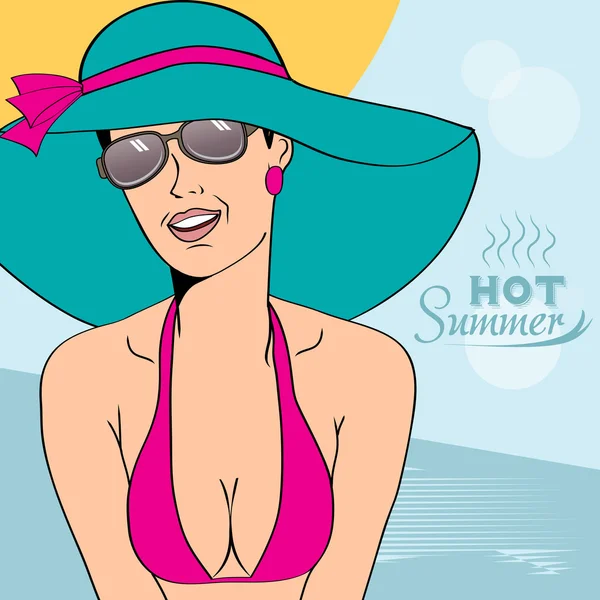 Hot pop art ragazza su una spiaggia — Vettoriale Stock