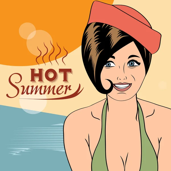 Hot pop art ragazza su una spiaggia — Vettoriale Stock