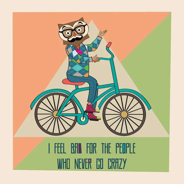 Hipster poster with nerd owl riding bike — Stock Vector
