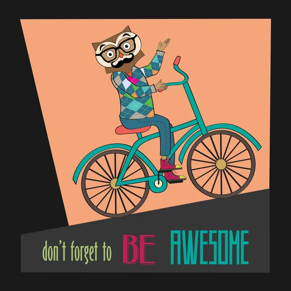 Hipster poster met nerd uil rijden fiets — Stockvector