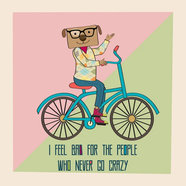 Hipster poster met nerd hond rijden fiets — Stockvector