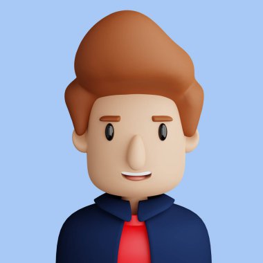Gülümseyen beyaz adamın 3 boyutlu bir çizimi. Çizgi film, mavi arka planda duran beyaz bir adamın yakın plan portresi. ui ux için 3D Avatar.
