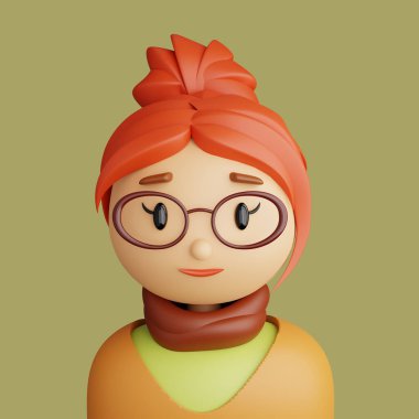 Gülümseyen beyaz bir kadının 3 boyutlu çizimi. Yeşil arka planda duran beyaz bir kadının yakın plan portresi. ui ux için 3D Avatar.