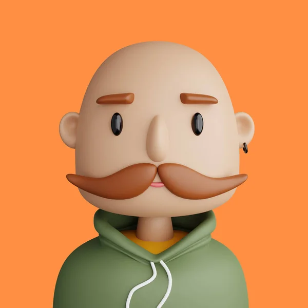 3D illustration of smiling bald caucasian man. Cartoon close up portrait of standing caucasian man on a orange background. 3D Avatar for ui ux.