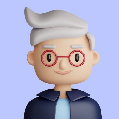 Gülümseyen olgun bir adamın üç boyutlu çizimi. Çizgi film, mavi arka planda duran gri saçlı adamın portresini yakın plan. ui ux için 3D Avatar.