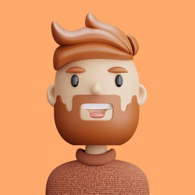 Gülümseyen adamın üç boyutlu çizimi. Çizgi film, portakal rengi arka planda duran sakallı adamın portresini yakın plan. ui ux için 3D Avatar.