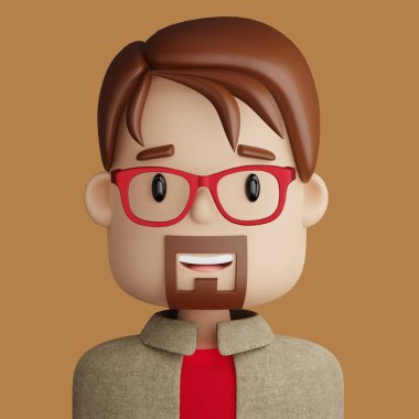 Sakallı adamın 3 boyutlu resmi. Kahverengi arka planda gülümseyen bir adamın yakın plan portresi. ui ux için 3D Avatar.