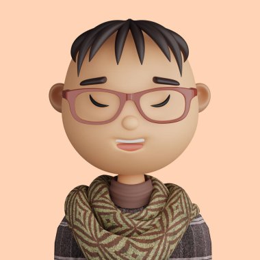 Asyalı bir adamın 3 boyutlu çizimi. Sarı arka planda gülümseyen Asyalı adamın yakın plan portresi. ui ux için 3D Avatar.