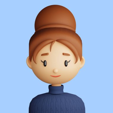3D illustration of smiling young woman. Cartoon close up portrait of smiling young  woman  on a blue background. 3D Avatar for ui ux.