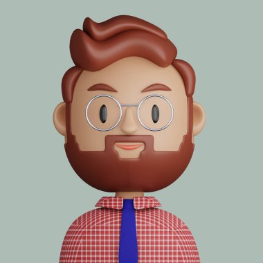 Gülümseyen sakallı adamın üç boyutlu çizimi. Mavi arka planda gülümseyen sakallı adamın yakın plan portresi. ui ux için 3D Avatar.