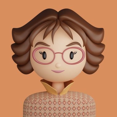 Gülümseyen kadının üç boyutlu çizimi. Portakal rengi arka planda gözlüklü, gülümseyen güzel bir kadın portresi. ui ux için 3D Avatar.