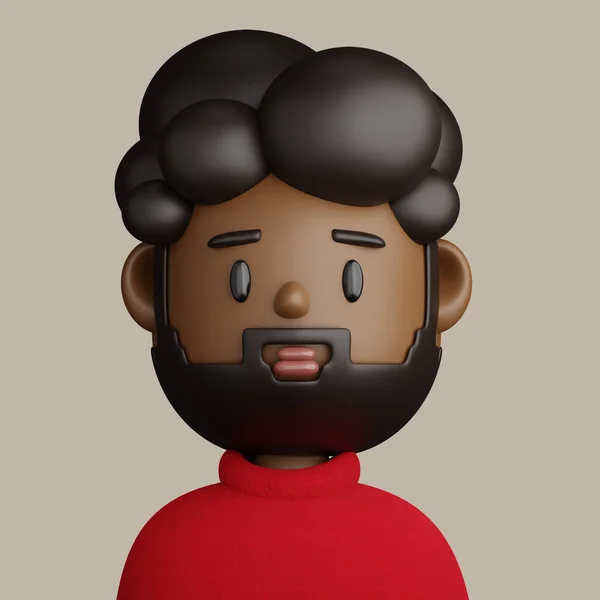 3D illustration of  bearded black man. Cartoon close up portrait of bearded black man on a gray background. 3D Avatar for ui ux.