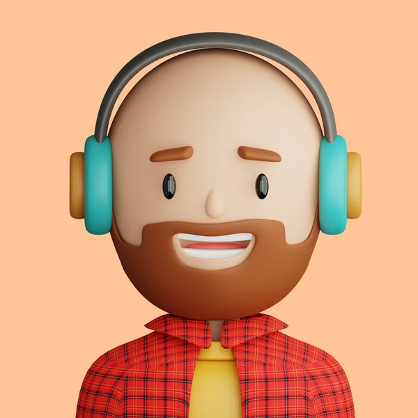 3D illustration of smiling  bearded man. Cartoon close up portrait of smiling bearded man with headphones on a yellow background. 3D Avatar for ui ux.