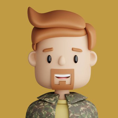 3D illustration of smiling  bearded man. Cartoon close up portrait of smiling bearded man  on a brown background. 3D Avatar for ui ux.