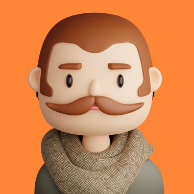 3D illustration of smiling  man. Cartoon close up portrait of smiling  man with awn on a orange  background. 3D Avatar for ui ux.