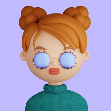 3D illustration of smiling woman. Cartoon close up portrait of smiling pretty woman with sunglasses on a purple background. 3D Avatar for ui ux.