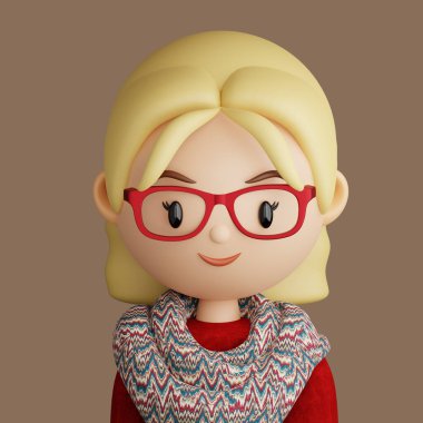 3D illustration of smiling woman. Cartoon close up portrait of smiling pretty blonde woman with eyeglasses on a brown background. 3D Avatar for ui ux.