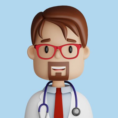 Güzel sakallı doktor çizgi filminin üç boyutlu bir çizimi. Mavi arka planda gülümseyen sakallı doktorun yakın portresi. ui ux için 3D Avatar.