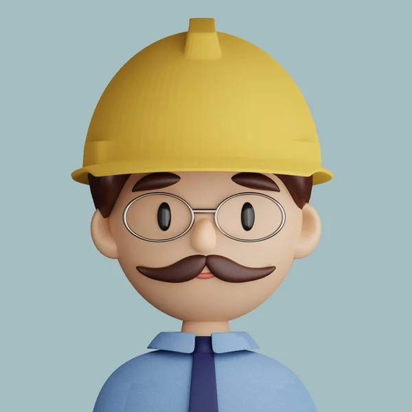 3D illustration of engineer man. Cartoon close up portrait of engineer man with safety helmet on a blue background. 3D Avatar for ui ux.