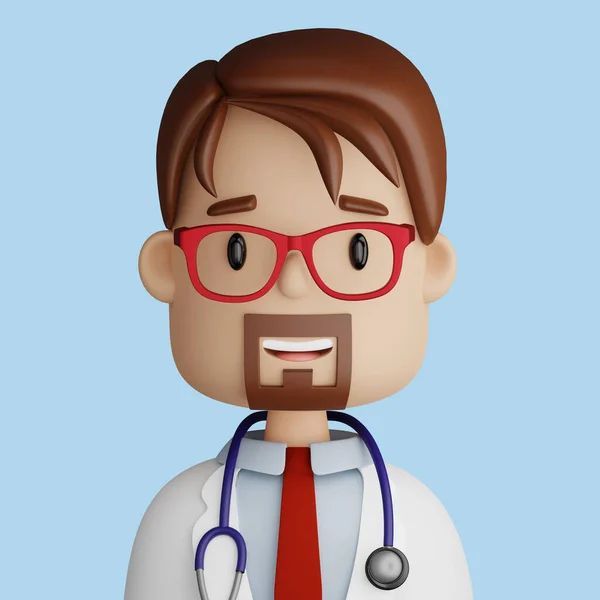 3D illustration of pretty bearded doctor Cartoon close up portrait of smiling bearded doctor on a blue background. 3D Avatar for ui ux.