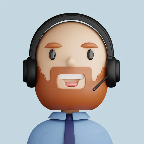 3D illustration of smiling man.. Cartoon close up portrait of smiling man with headphones and microphone on a blue background. 3D Avatar for ui