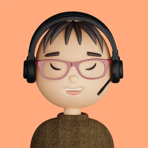 Illustration Asian Man Cartoon Close Portrait Smiling Asian Man Headphones — Foto Stock